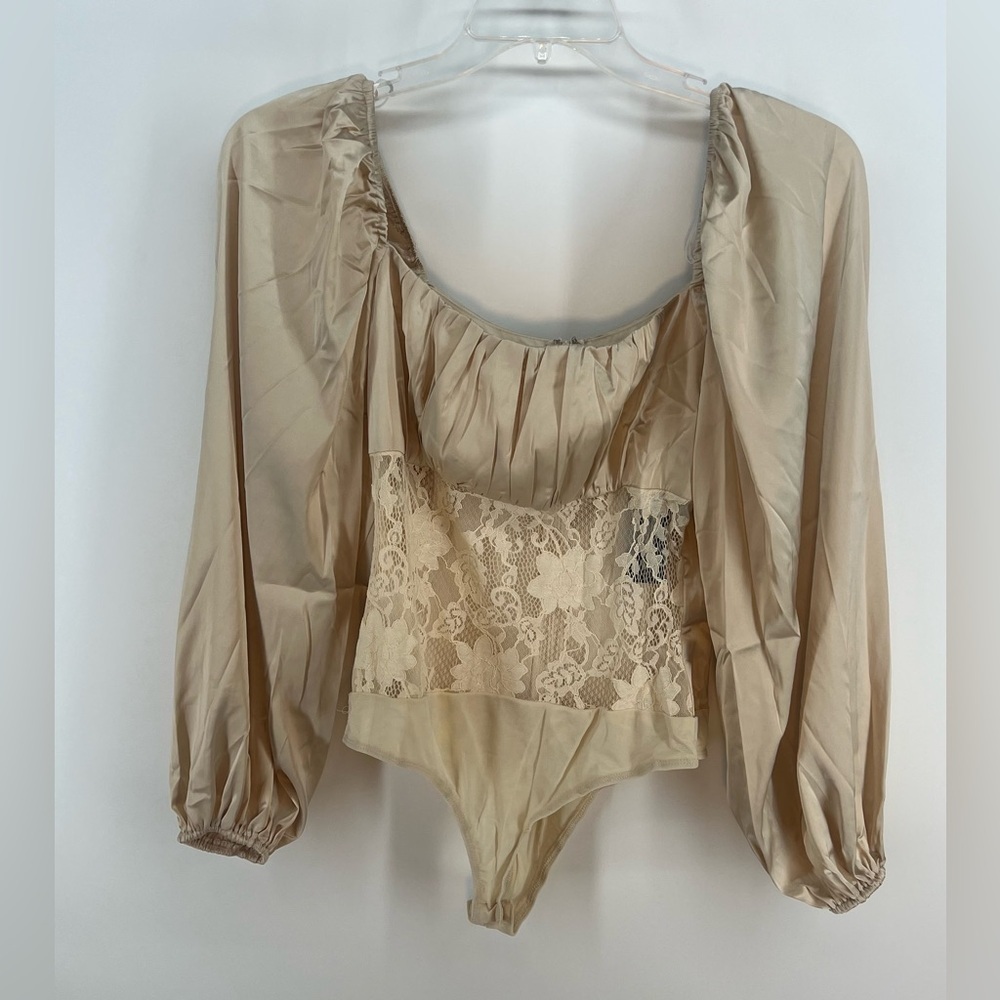 NWT Lulus Endless Aura Cream Satin Balloon Sleeve Sheer Lace Bodysuit Size Med - Picture 5 of 10